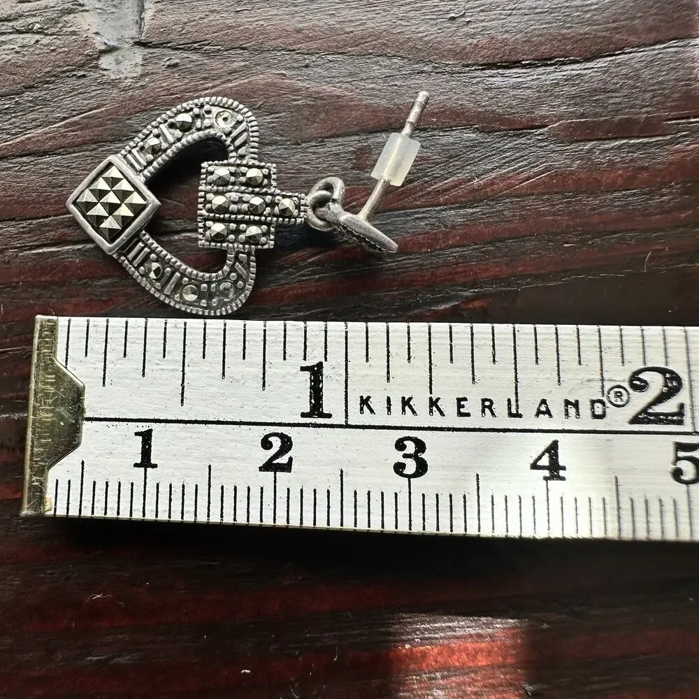 Vintage 925 Sterling Silver Natural Marcasite Heart Pierced Earrings Art Deco